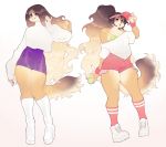  anthro ball blue_eyes blush bottomwear brown_body canid canine canis clothed clothing coffuu crossdressing domestic_dog fluffy fluffy_tail footwear girly hair hat headgear headwear hi_res long_hair long_socks looking_at_viewer male male_(lore) mammal shorts simple_background skirt socks solo tennis_ball white_background 