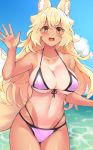  1girl absurdres animal_ear_fluff animal_ears bikini blonde_hair blush breasts cloud cloudy_sky fox_ears fox_tail hal_(h_lambda_l) highres large_breasts navel ocean one-piece_tan open_mouth original purple_bikini sky solo swimsuit tail tan tanline waving yellow_eyes 