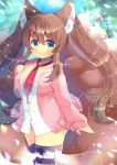  1girl animal_ear_fluff animal_ears bangs black_bow blue_eyes blurry blurry_background blush bow breasts brown_hair cardigan closed_mouth collarbone depth_of_field eyebrows_visible_through_hair fox_ears fox_girl fox_tail hair_between_eyes hand_up hood hood_down hooded_cardigan kouu_hiyoyo kyuubi long_hair long_sleeves medium_breasts multiple_tails necktie open_cardigan open_clothes original pink_cardigan plushmallow red_neckwear shirt sleeves_past_wrists smile solo striped striped_legwear tail thighhighs twintails very_long_hair white_shirt 