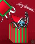  3_fingers 4:5 absurd_res anthro blue_tongue box chibiemiko_(artist) christmas christmas_clothing christmas_headwear clothing drone eyes_closed fingers gesture gift happy hat headgear headwear hi_res holidays male merry_christmas nelson_(ikefanboy64) open_mouth red_background rubber santa_hat simple_background solo stripes text tongue unknown_species visor watermark waving 