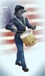  2019 american_civil_war anthro blue_eyes clothed clothing detailed_background drum drumming drumming_stick eyebrows fish flag_background footwear fully_clothed grey_hair hair hat headgear headwear hi_res male marine military military_cap military_clothing military_jacket military_pants military_uniform musical_instrument percussion_instrument percussion_mallet pimpartist politics shark shoes solo traditional_media_(artwork) uniform united_states_of_america 