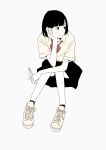  1girl absurdres black_eyes black_hair black_legwear black_skirt collared_shirt full_body head_rest highres hosoo invisible_chair original red_neckwear shirt shoes short_hair short_sleeves simple_background sitting skirt socks solo white_background yellow_footwear yellow_shirt 