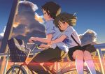  1boy 1girl arms_around_waist bag bangs bicycle bicycle_basket black_pants black_skirt blush bow brown_eyes brown_hair closed_mouth cloud cloudy_sky commentary_request day from_side ground_vehicle highres hotaru_iori kyon looking_back multiple_riders open_mouth outdoors pants pleated_skirt purple_bow riding sasaki_(suzumiya_haruhi) school_bag school_uniform shirt short_hair short_sleeves skirt sky smile sunlight suspenders suzumiya_haruhi_no_yuuutsu thighhighs twilight white_legwear white_shirt younger 