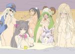  6+girls bangs bathory_(destiny_child) black_hair blonde_hair blue_eyes blush breasts choker covering covering_breasts dark_skin destiny_child fence green_eyes green_hair hair_between_eyes hair_ribbon hat highres horns krampus_(destiny_child) kurowana lan_fei_(destiny_child) large_breasts long_hair looking_at_viewer looking_back mafdet_(destiny_child) multiple_girls nude onsen open_mouth outdoors pan_(destiny_child) partially_submerged pink_eyes pipe police_hat ribbon sketch sunglasses towel wet yellow_eyes 