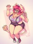  anthro bottomwear breast_squish breasts chubby_female claw_pose clothing eyewear felid feline glasses hair hi_res lion mammal mane mane_hair one_eye_closed open_mouth open_smile pantherine short_overalls shorts slightly_chubby smile solo squish strawbstack wink 