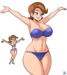  1girl artist_name bikini blue_bikini blue_eyes breasts brown_hair cameltoe cleavage commentary curvy earrings grin highres huge_breasts jewelry jmg large_breasts looking_down mature mrs._turner short_hair signature simple_background smile solo swimsuit swimwear the_fairly_oddparents thick_thighs thighs white_background wide_hips 