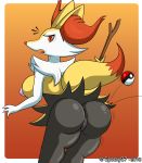  anthro big_breasts big_butt braixen breasts butt canid canine female fur genitals hi_res inner_ear_fluff looking_at_viewer looking_back mammal nintendo nipples nude open_mouth orange_eyes pok&eacute;ball pok&eacute;mon pok&eacute;mon_(species) pussy rear_view simple_background solo spocky87 standing teeth thick_thighs tongue tuft video_games wide_hips yellow_body 