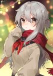  1girl beige_sweater black_shirt blurry blurry_background brown_eyes highres long_hair long_sleeves noi_mine original red_ribbon red_scarf ribbon sailor_collar scarf school_uniform shirt sleeves_past_wrists 