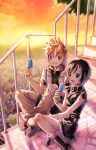  1boy 1girl black_hair blonde_hair blue_eyes boots city food highres ice_cream jacket kingdom_hearts kingdom_hearts_iii maimai_melc mountainous_horizon open_mouth popsicle roxas sitting skirt sleeveless spiked_hair stairs sunset tree xion_(kingdom_hearts) 