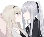  2girls ak-12_(girls_frontline) an-94_(girls_frontline) aqua_eyes bangs black_shirt braid closed_eyes eyebrows_visible_through_hair french_braid from_side girls_frontline grey_shirt hair_tie hairband high_ponytail highres imminent_kiss long_hair multiple_girls pillow pink_lips platinum_blonde_hair shirt sidelocks silver_hair sui_(camellia) white_background 