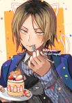  1boy :3 animal_ears bangs black_hair blonde_hair blush cat cat_ears cat_tail closed_mouth commentary confetti eating eyebrows_visible_through_hair food forehead fork fruit grey_cat grey_sweater haikyuu!! hair_over_one_eye holding holding_fork holding_plate kadeart kozume_kenma kuroo_tetsurou looking_at_viewer male_focus multicolored_hair parted_bangs plate short_hair solo strawberry strawberry_shortcake streaked_hair sweater symbol-only_commentary tail two-tone_background two-tone_hair yellow_eyes 
