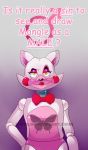  2015 animatronic annoyed anthro bow_tie canid canine comic_sans dialogue e-c98 english_text fandom five_nights_at_freddy&#039;s five_nights_at_freddy&#039;s_2 fox girly hand_on_hip hi_res lipstick looking_at_viewer machine makeup male mammal mangle_(fnaf) multicolored_body red_cheeks robot solo text the_truth video_games watermark white_body yellow_eyes 