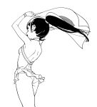  1girl absurdres arms_up ass backless_dress backless_outfit bare_legs black_hair dress figure_skating_dress greyscale halftone highres long_hair monochrome open_mouth original ponytail simple_background smile solo tayama_midori white_background 