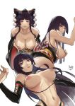  1girl artist_name bangs bare_shoulders black_hair blunt_bangs breasts closed_mouth commentary_request dated dead_or_alive hat highres hime_cut japanese_clothes large_breasts long_hair multiple_views naughty_face navel nipples nyotengu open_mouth purple_eyes sideboob smile tokin_hat very_long_hair yonoki 