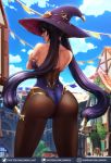  1girl ass bare_back bare_shoulders black_hair cloud crossed_arms from_behind genshin_impact hat highres lips lipstick long_hair looking_at_viewer looking_back luminyu makeup mona_(genshin_impact) pantyhose patreon_username pout solo thighs twintails very_long_hair witch_hat 