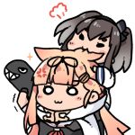  2girls :3 absurdres anger_vein biting black_hair black_ribbon blonde_hair blush blush_stickers chibi commentary_request dyson_(edaokunnsaikouya) eyebrows_visible_through_hair hair_flaps hair_ornament hair_ribbon hairclip highres kantai_collection long_hair looking_at_viewer multicolored_hair multiple_girls on_head person_on_head remodel_(kantai_collection) ribbon scarf school_uniform serafuku simple_background smile tokitsukaze_(kantai_collection) torpedo white_background yuudachi_(kantai_collection) 