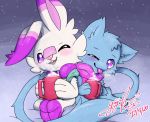  beverage candy chocolate cup dessert food gingy_k_fox hot_chocolate legendary_pok&eacute;mon looking_at_viewer mew nintendo pok&eacute;mon pok&eacute;mon_(species) scarf scorbunny shiny_pok&eacute;mon sitting snow snowing video_games 