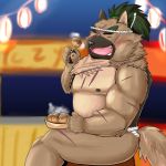  1:1 2020 anthro asian_clothing belly black_nose blush brown_body brown_fur canid canine canis clothing domestic_dog east_asian_clothing eyes_closed food fundoshi fur hi_res humanoid_hands japanese_clothing kemono male mammal mohumohudansi night nipples outside overweight overweight_anthro overweight_male scar sitting solo tokyo_afterschool_summoners underwear video_games yasuyori 