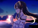  1girl bare_shoulders black_hair brown_eyes commentary_request detached_sleeves from_side hairband hands_together haruna_(kantai_collection) headgear highres kantai_collection long_hair nontraditional_miko remodel_(kantai_collection) solo soramuko sunrise upper_body 