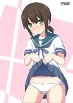  1girl artist_name ass_visible_through_thighs bangs blouse blue_neckwear blue_sailor_collar blue_skirt blush bow bow_panties brown_hair closed_mouth cowboy_shot crotch_seam eyebrows_visible_through_hair frown fubuki_(kantai_collection) green_eyes hair_tie highres kantai_collection lifted_by_self looking_at_viewer medium_hair miniskirt navel neckerchief outline panties pepatiku pleated_skirt sailor_collar school_uniform serafuku short_ponytail short_sleeves signature skirt skirt_lift solo standing underwear wavy_mouth white_blouse white_outline white_panties 