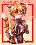  2020 4:5 accessory anthro arknights black_body black_fur black_hair black_nose blush bodily_fluids clothing cute_fangs eyewear feli_chiii001 felid female fingers fur glasses hair hair_accessory half-length_portrait holding_object mammal multicolored_body multicolored_fur multicolored_hair orange_body orange_fur orange_hair pantherine portrait pupils slit_pupils solo sweat tiger video_games waaifu white_body white_fur white_hair 