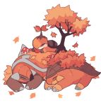  alternate_color autumn_leaves charamells closed_eyes commentary english_commentary gen_4_pokemon grotle highres lying mushroom no_humans on_stomach pokemon pokemon_(creature) sketch sleeping spikes torterra tree turtwig white_background 