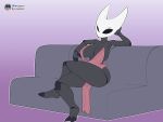  4:3 anthro arthropod big_breasts breasts cleavage clothed clothing crossed_legs dress female fours_(artist) furniture hi_res hollow_knight hornet_(hollow_knight) looking_at_viewer non-mammal_breasts sitting sofa solo team_cherry vessel_(species) video_games 