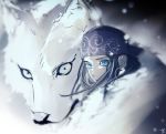  1girl ainu ainu_clothes asirpa bandana black_hair blue_eyes earrings golden_kamuy hoop_earrings jewelry long_hair looking_at_viewer outdoors retar solo tr_(lauralauraluara) white_wolf wolf 