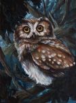  ambiguous_gender avian bird brown_body brown_feathers feathers feral francesca_paiocchi looking_at_viewer night oil_painting_(artwork) outside owl painting_(artwork) plant solo traditional_media_(artwork) tree 