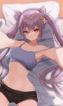  1girl bangs bed black_shorts camisole closed_mouth earrings genshin_impact hair_between_eyes hair_ears hair_ornament highres jewelry keqing long_hair looking_at_viewer lying moth1 navel on_back outstretched_arms pov purple_hair red_eyes shorts sidelocks smile solo twintails underwear 