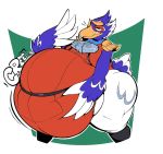  2020 animal_humanoid avian avian_humanoid beak belly big_belly blue_body blue_feathers boot_(artist) breath_of_the_wild clothed clothing feathers fully_clothed green_eyes hand_on_stomach hi_res humanoid hyper male nintendo overweight overweight_humanoid overweight_male red_clothing revali rito shirt simple_background solo text the_legend_of_zelda thick_thighs topwear video_games 