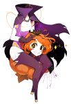  +_+ 1girl black_bow bow bow_hairband bug cape colored_skin commentary disembodied_head dullahan eliza_(halphelt) english_commentary floating_cape hairband halloween halloween_costume halphelt high_collar highres looking_at_viewer no_feet orange_hair original pumpkin purple_cape purple_legwear silk simple_background sitting smile solo spider spider_web thighhighs torn_cape torn_clothes white_background white_skin 