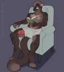  anthro armchair balaclavacat balls book bulge chair chest_tuft clothed clothing digital_media_(artwork) eyewear fur furniture genitals glasses humanoid_genitalia humanoid_penis looking_at_viewer lutrine male mammal mustelid paws penis poking_out simple_background sitting smile solo tuft underwear 