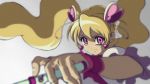  1girl blonde_hair blurry choker commentary cure_erebos cure_peach depth_of_field earrings floating_hair foreshortening fresh_precure! gradient gradient_background grey_background hair_ornament heart heart_earrings heart_hair_ornament jewelry magical_girl momozono_love pink_choker pink_eyes precure serious shaded_face solo twintails wand wrist_cuffs 