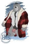  2020 anthro asher_(bruteandbrawn) balls barazoku belly black_hair black_nose black_pubes blue_eyes body_hair bottomless bruteandbrawn clothed clothing digital_media_(artwork) eyebrows fingers flaccid foreskin front_view fur genitals glans grey_body grey_fur grin hair happy_trail hi_res humanoid_genitalia humanoid_penis jacket looking_at_viewer male mammal multicolored_body multicolored_fur musclegut navel nipples open_mouth pecs penis pinup plaid pose pubes red_clothing red_jacket red_topwear simple_background slightly_chubby smile solo standing topwear two_tone_body two_tone_fur uncut unretracted_foreskin urethra ursid watermark 