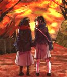  2girls autumn autumn_leaves bag black_hair character_request closed_eyes enpera from_behind hibike!_euphonium holding_hands long_hair looking_at_another misogi_(misogi1341) multiple_girls outdoors ponytail rikka_koukou_marching_band_e_youkoso sasaki_azusa scarf shoulder_bag smile standing tree yuri 