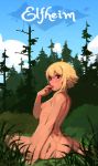  1girl ass bangs barefoot blonde_hair blue_sky blush breasts brown_eyes commentary completely_nude day elf forest from_behind full_body grass hair_between_eyes highres looking_at_viewer looking_back nature nil_sunna nipples nude on_ground original outdoors pointy_ears short_hair sitting sky small_breasts solo sunna_(nilsunna) tongue tongue_out tree 