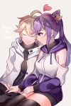  aether_(genshin_impact) blonde_hair closed_eyes genshin_impact hair_ornament hairpin heart jacket keqing purple_hair white_jacket 