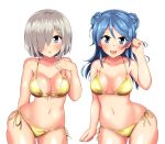  2girls bikini blue_eyes blue_hair breasts double_bun gold_bikini gold_swimsuit hair_ornament hairclip hamakaze_(kantai_collection) haoto_(arnica_leaf) highres kantai_collection large_breasts multiple_girls one_eye_covered short_hair silver_hair simple_background smile string_bikini swimsuit urakaze_(kantai_collection) 