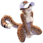  anthro arm_tuft breasts cheetah clothing elbow_tufts eyes_hidden featureless_breasts felid feline female fur hat hat_only headgear headgear_only headwear headwear_only hi_res kneeling mammal marsccts mostly_nude neck_tuft russian_text simple_background solo spots spotted_body spotted_fur text text_on_clothing text_on_hat text_on_headwear tuft whiskers white_background 