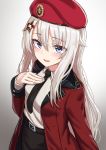  1girl 9a-91_(girls_frontline) alternate_costume belt beret blue_eyes blush eyebrows_visible_through_hair girls_frontline hair_ornament hand_on_own_chest hat highres image_sample long_hair military military_jacket military_uniform necktie open_mouth replaceme silver_hair solo star_(symbol) star_hair_ornament twitter_sample uniform very_long_hair white_background yakob_labo 