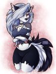 2019 anthro black_body black_fur black_nose breasts canid canid_demon clothing collar crossed_arms demon ear_piercing eyelashes female fingerless_gloves fur gloves grey_body grey_fur hair hair_over_eye half-closed_eyes handwear hellhound helluva_boss hi_res inner_ear_fluff loona_(vivzmind) mammal multicolored_body multicolored_fur narrowed_eyes navel one_eye_obstructed panties piercing red_sclera solo spiked_collar spikes thatsaltybobcat thick_thighs torn_clothing tuft underwear white_body white_eyes white_fur white_hair 