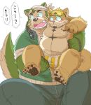  2020 anthro belly blush bottomwear brown_body brown_fur canid canine canis carrying clothing domestic_dog duo fur green_body green_fur headphones headphones_around_neck hi_res hottophoto japanese_text kemono live-a-hero male male/male mammal mokdai nipples overweight overweight_male pants procy text underwear 