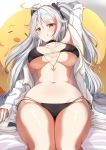  1girl :q absurdres antenna_hair arm_up azur_lane bangs bare_shoulders bed_sheet bikini black_bikini blush breasts breasts_apart closed_mouth collarbone commentary_request eyebrows_visible_through_hair feet_out_of_frame hair_between_eyes highres jacket large_breasts long_hair long_sleeves looking_at_viewer lying manjuu_(azur_lane) moyoron multicolored_hair navel off_shoulder on_back open_clothes open_jacket orange_eyes prinz_eugen_(azur_lane) prinz_eugen_(unfading_smile)_(azur_lane) red_hair silver_hair sleeves_past_wrists smile solo streaked_hair swimsuit tongue tongue_out two_side_up very_long_hair white_jacket 