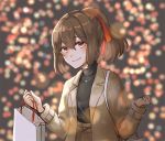  1girl alternate_costume bag black_sweater brown_coat brown_eyes brown_hair brown_skirt coat eyebrows_visible_through_hair hair_ribbon holding holding_bag ise_(kantai_collection) jewelry kantai_collection looking_at_viewer necklace official_alternate_costume ponytail red_ribbon ribbon shopping_bag short_hair skirt smile solo sweater turtleneck turtleneck_sweater twitter_username upper_body yuzu_(kimagure_kankitsurui) 