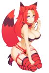  1girl animal_ear_fluff animal_ears body_freckles bra breasts bright_pupils closed_mouth commentary commission english_commentary fox_ears fox_tail freckles halphelt hand_up high_heels highres kneeling large_breasts long_hair looking_at_viewer original purple_eyes red_hair red_legwear simple_background smile solo tail thighhighs underwear white_background white_pupils 