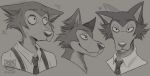  anthro beastars bodily_fluids bust_portrait canid canine canis clothed clothing dress_shirt ear_twitch ears_down flying_sweatdrops fur legoshi_(beastars) male mammal multiple_poses necktie nervous pivoted_ears portrait pose shirt simple_background smile solo sweat sweatdrop thediyemi topwear wolf 
