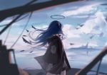 1girl arknights bird black_jacket blue_hair blurry cloud cloudy_sky facing_away halo jacket looking_out_window lowres mostima_(arknights) sky tail window yuli031458 