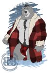 2020 anthro asher_(bruteandbrawn) barazoku belly black_hair black_nose black_pubes blue_eyes body_hair bruteandbrawn bulge clothing digital_media_(artwork) exposed_chest eyebrows fingers front_view fur grey_body grey_fur grin hair happy_trail hi_res jacket jockstrap looking_at_viewer male mammal multicolored_body multicolored_fur musclegut navel nipples open_mouth pecs pinup plaid pose pubes red_clothing red_jacket red_jockstrap red_topwear simple_background slightly_chubby smile solo standing topwear two_tone_body two_tone_fur underwear ursid watermark 