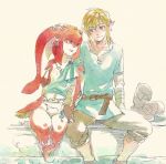  1boy 1girl blonde_hair fingerless_gloves fins gloves holding_hands link mipha muto-s pointy_ears sash sitting smile soaking_feet splashing the_legend_of_zelda the_legend_of_zelda:_breath_of_the_wild water zora 